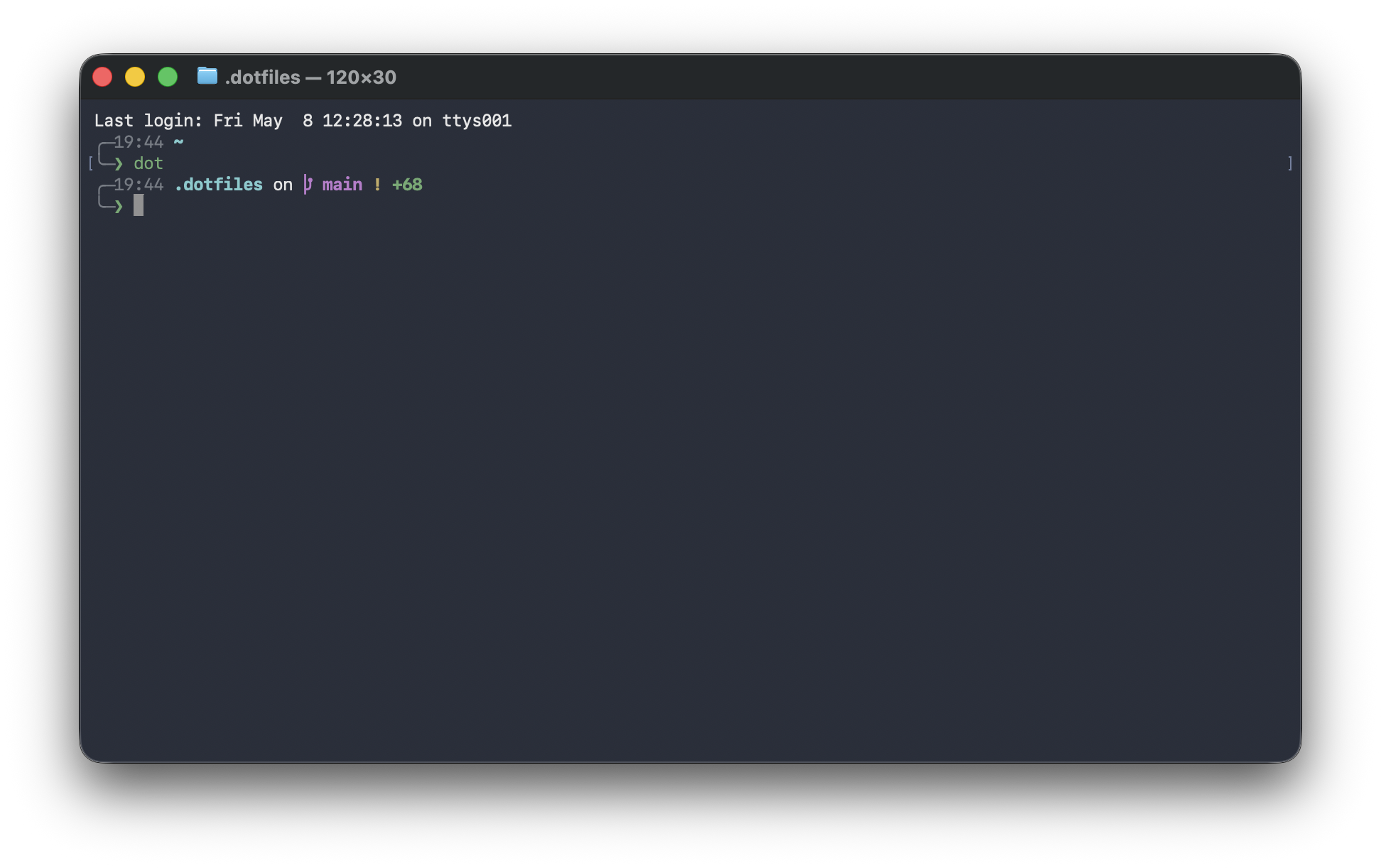 A terminal showing Michael’s configured zsh environment, Starship prompt, and dotfiles workflow.