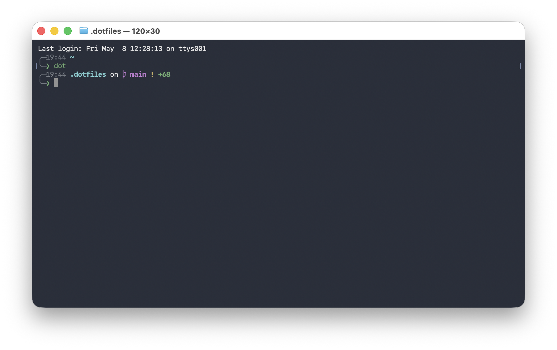 A terminal showing Michael’s configured zsh environment, Starship prompt, and dotfiles workflow.