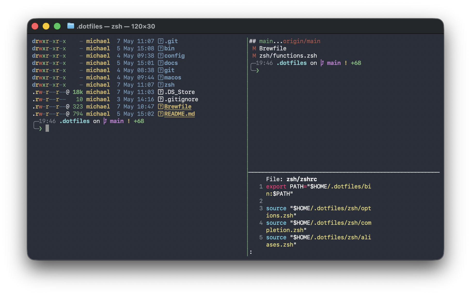 A macOS development workspace showing the dotfiles workflow in context.