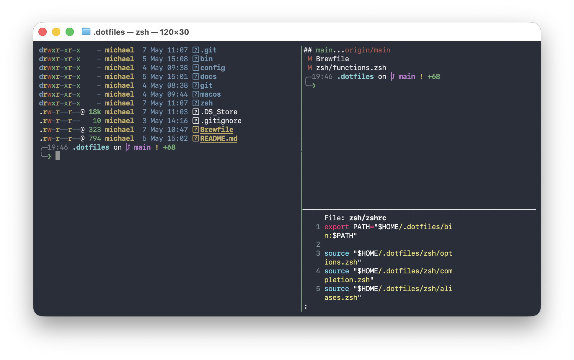 A macOS development workspace showing the dotfiles workflow in context.