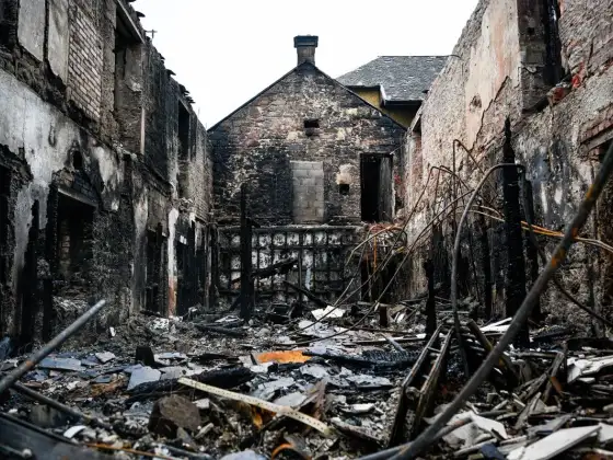 Fire-damaged interior of the hotel complex at the abandoned Airth Castle and hotel complex.