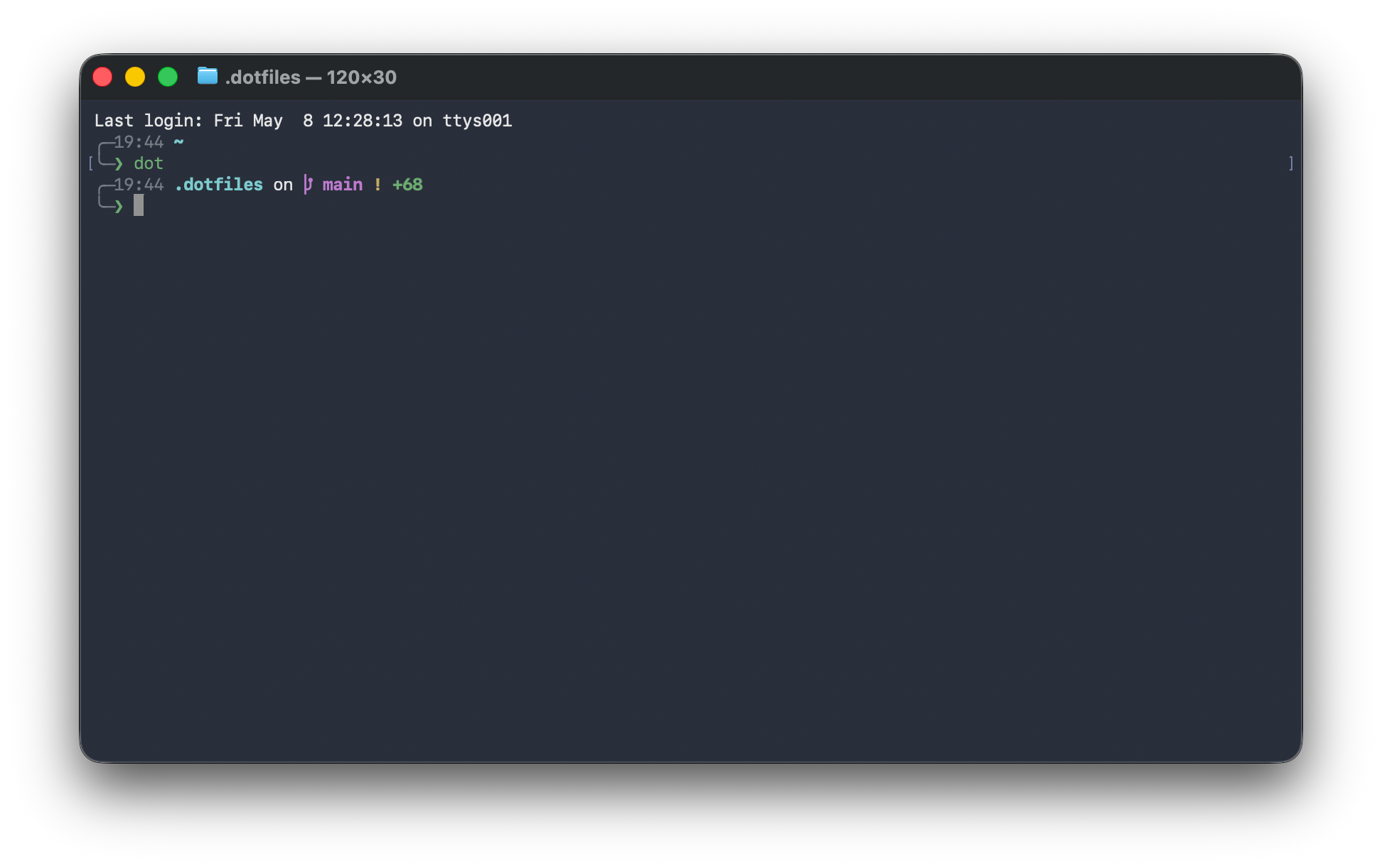 A terminal showing Michael’s configured zsh environment, Starship prompt, and dotfiles workflow.