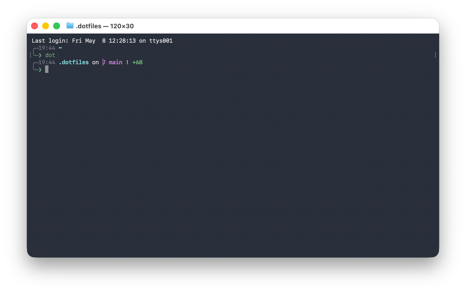 A terminal showing Michael’s configured zsh environment, Starship prompt, and dotfiles workflow.