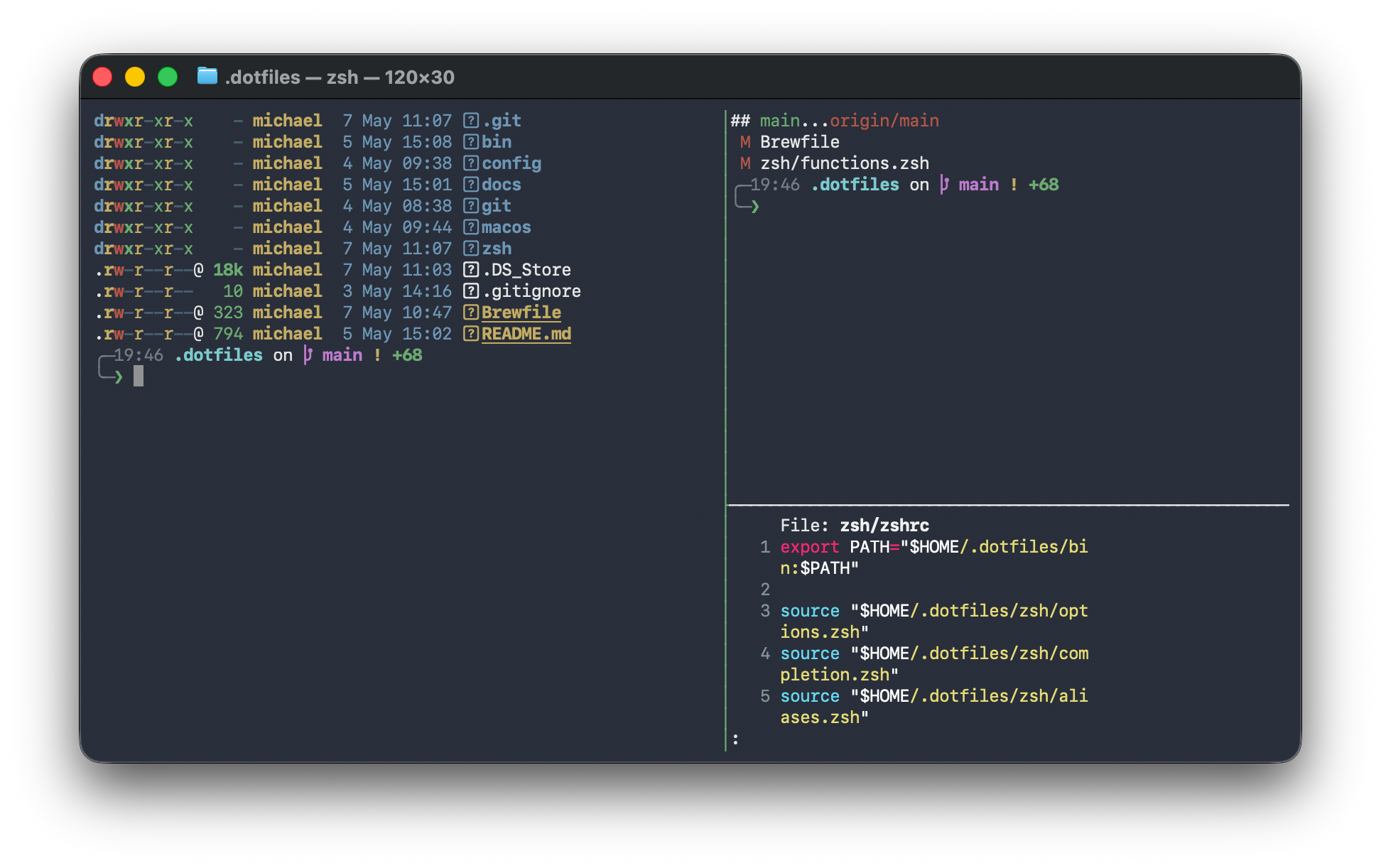A macOS development workspace showing the dotfiles workflow in context.