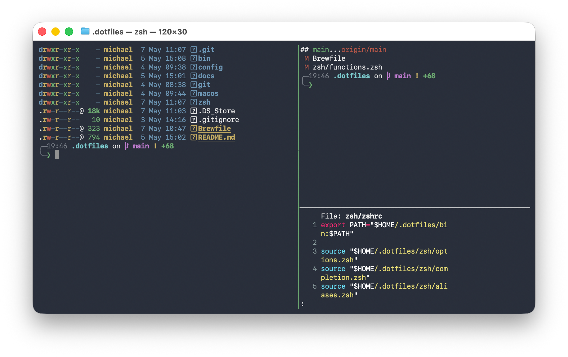 A macOS development workspace showing the dotfiles workflow in context.