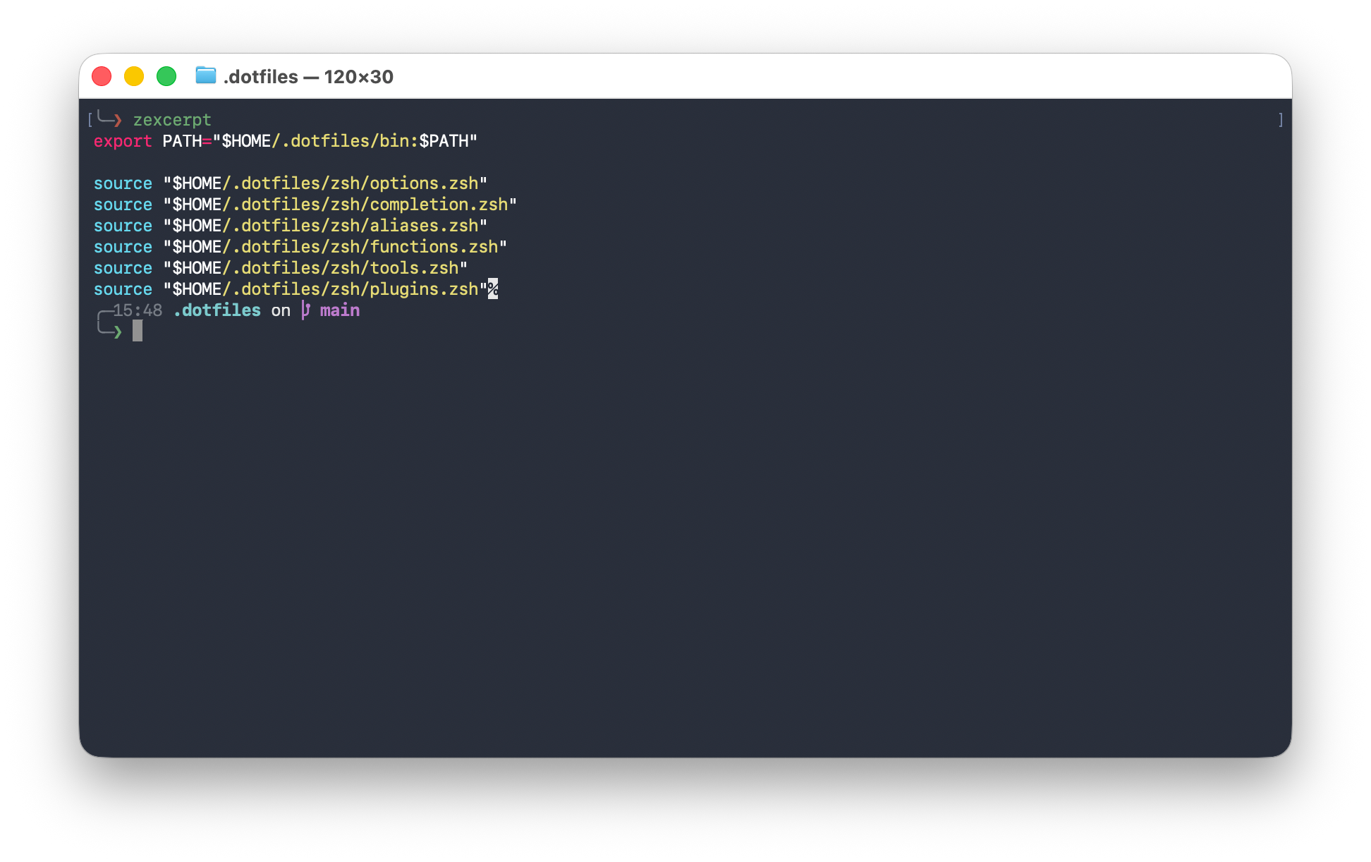 A zshrc excerpt showing shell aliases, helper functions, and optional terminal tool integrations.
